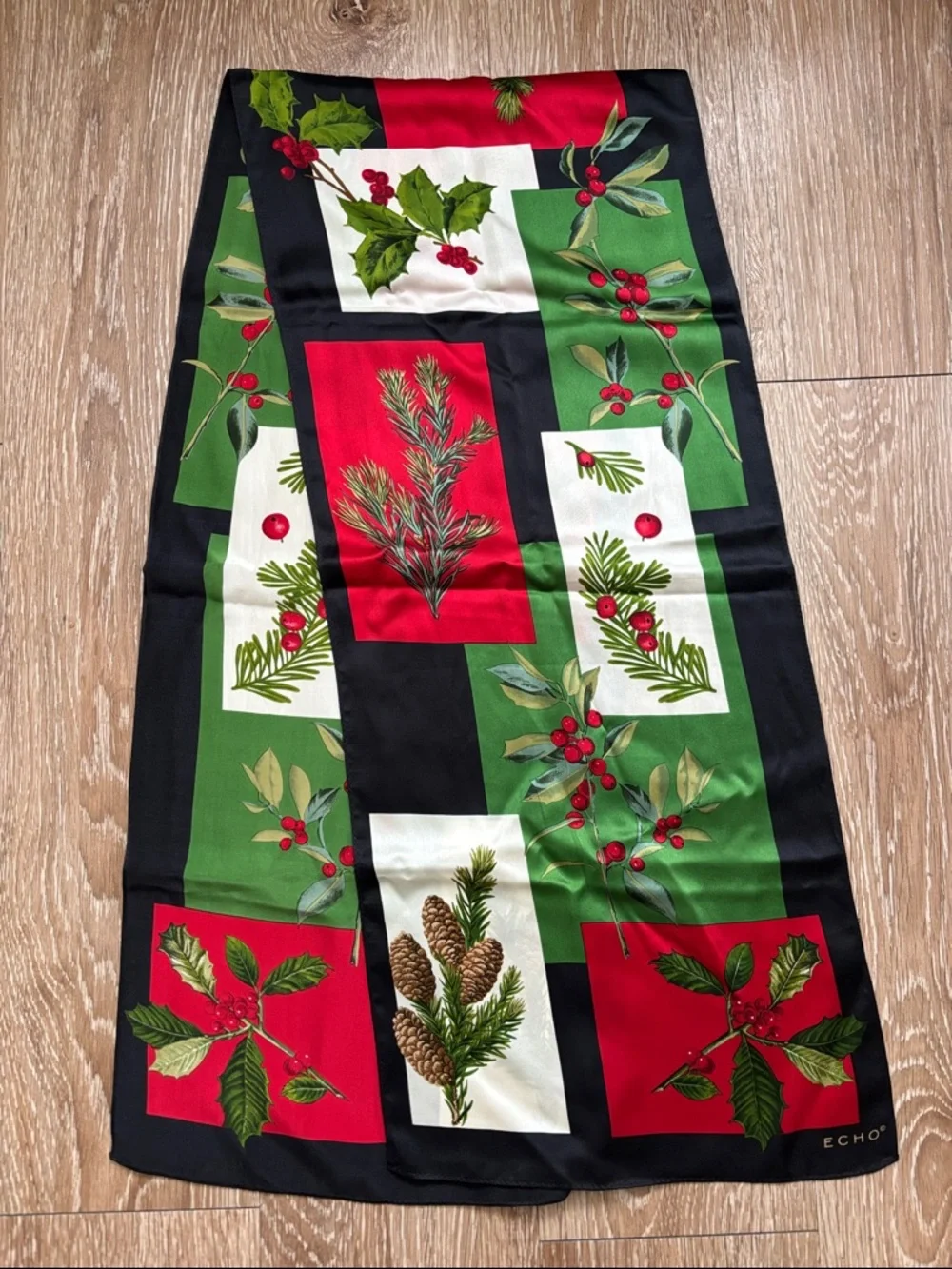 Vintage Echo silk scarf, Christmas/Holiday/Winter berry & holly print 11”x53”